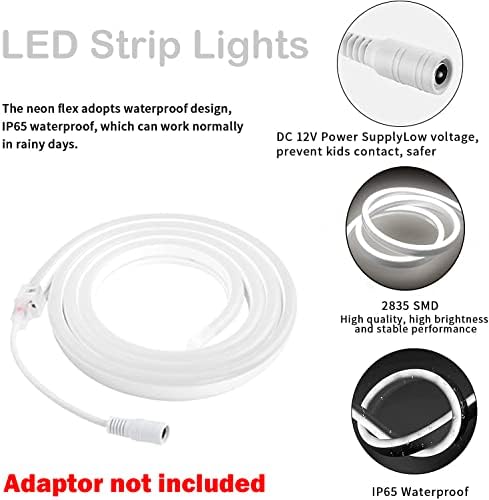 Dosyu LED רצועת אור ניאון, לבן 12V 16.4ft/5 מ 'אורות ניאון גמישים אטומים למים, אור חבל סיליקון לחדר שינה למטבח תפאורה חיצונית