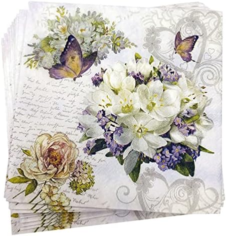 20-CT 13x13 פרחים אהבה מפיות פרחוניות אם נייר יום אם ולנטיין ארוחת צהריים דקורטיבית ארוחת ערב וינטג 'לבן, סגול, שיזוף,
