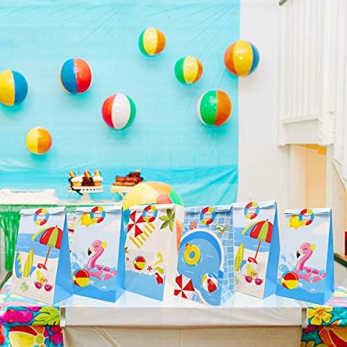 24 חבילה מסיבת חוף ממתקים ממתקים לטובת תיקים עם מדבקות תודה, מסיבת בריכה גודי תיקי פינוק