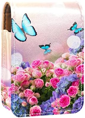 טרי ורוד ורדים כחול הורטנזיה פרחי פרפרים מיני שפתון מקרה עם מראה עבור ארנק נייד מקרה מחזיק ארגון