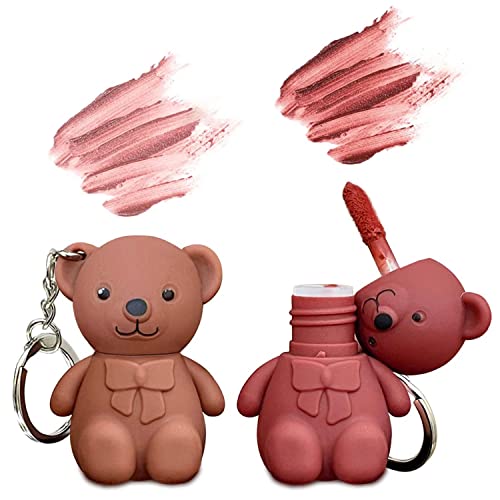 שורון 2 יחידות מחזיק מפתחות דוב שפתונים, 2 ב 1 מחזיק מפתחות דוב שפתון, דוב חמוד מט שפתיים קטיפה בוץ מחזיק מפתחות