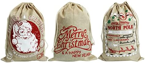 הוין 3 יחידות סנטה שקים. שקיות גודי מתנה לחג המולד עם שרוך. 15.7 איקס 22 בגודל בינוני. חבילה של 3