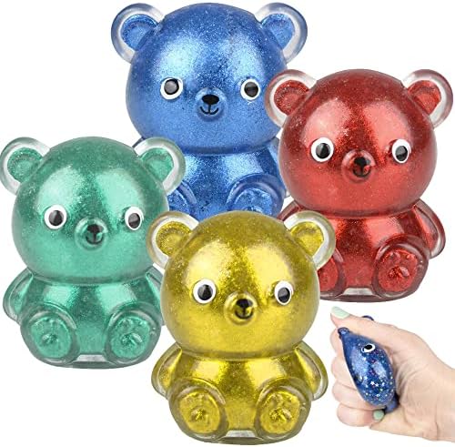 Artcreativitivity דוב דביק, סט של 4, צעצועי הקלה על לחץ נוצץ לילדים, מצעדים חרדה בצבעים שונים, צעצועים לקשקש לילדים, חומרי