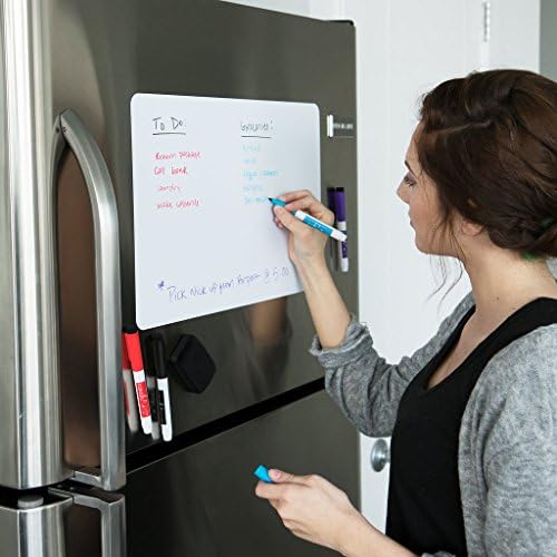 דף לוח לבן מגנטי למחיקה יבשה למקרר למטבח: עם טכנולוגיה עמידה בפני כתמים-19 על 13 - כולל 4 טושים ומחק גדול עם מגנטים-רשימת